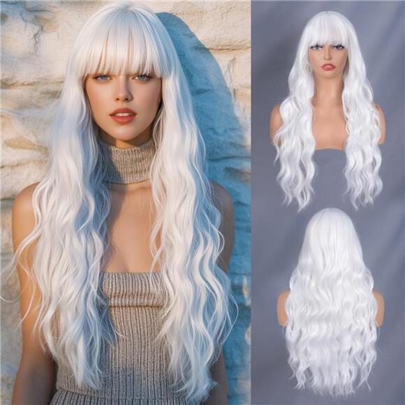 Curly Hair Wig White Wig Bangs White Wig With Bangs Long Wavy Curly